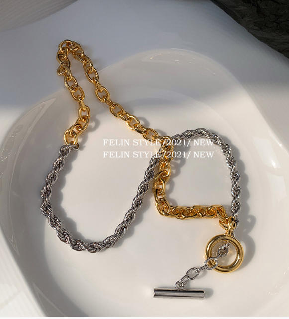 Two tone stainless steel rope chain toggle necklace