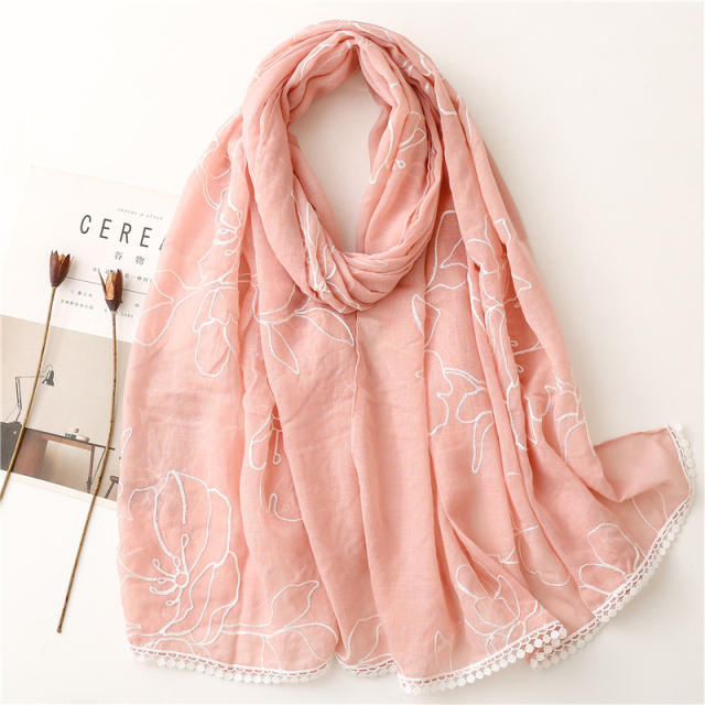 Embroidered lace cotton and linen scarf