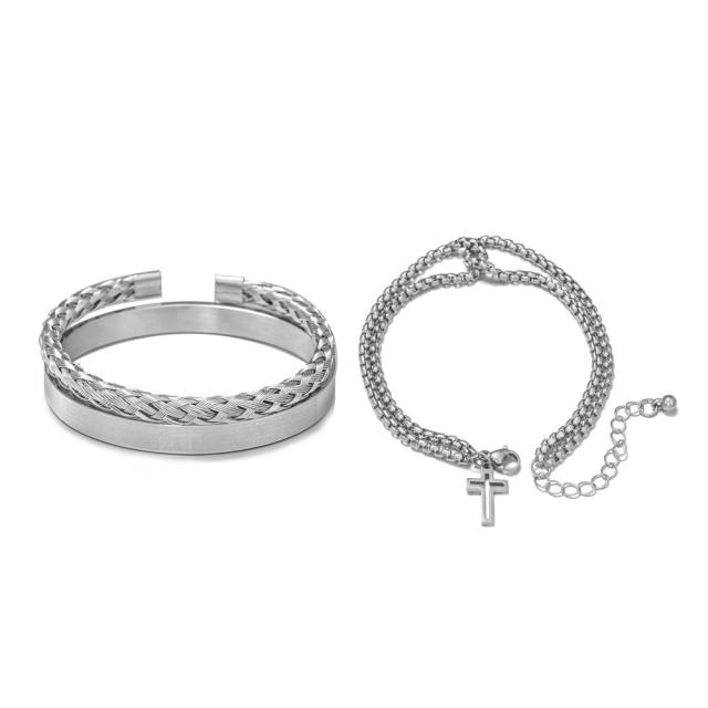 Hiphop stainless steel bangle cross charm bracelet set for men
