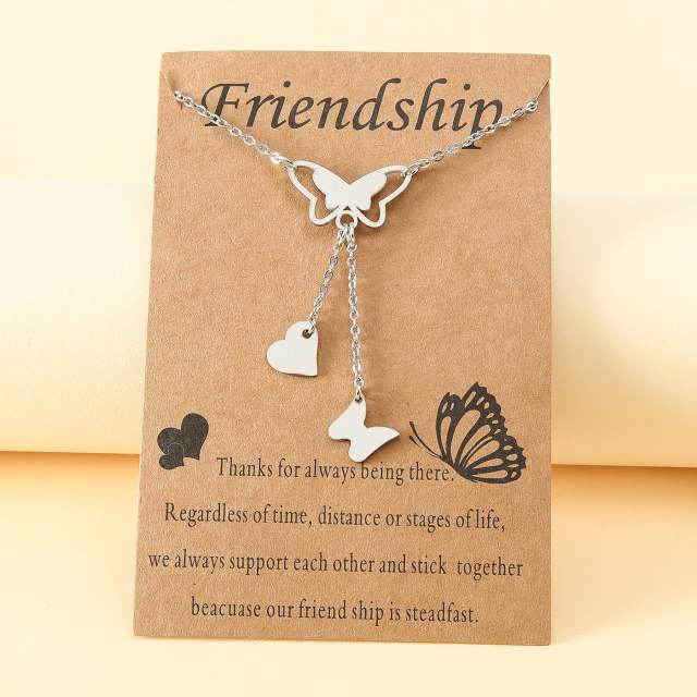 Stainless steel butterfly tassel friends card necklace
