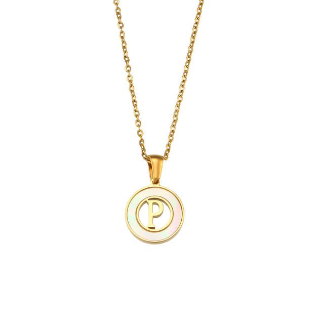 Mother shell round pendant inital letter stainless steel necklace