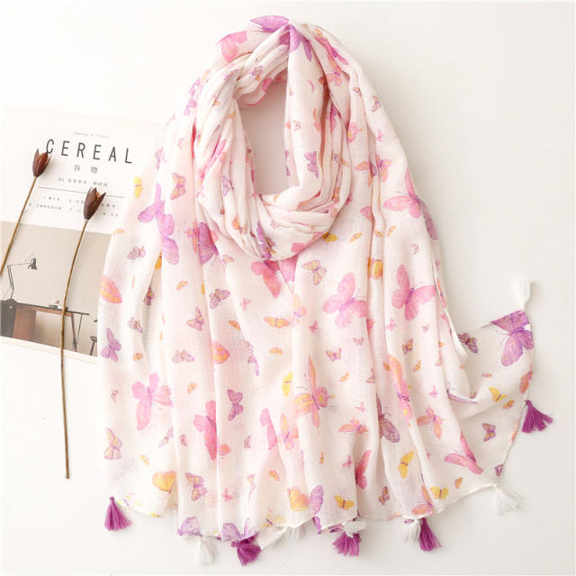 Fashion pink butterfly printed cotton scarf
