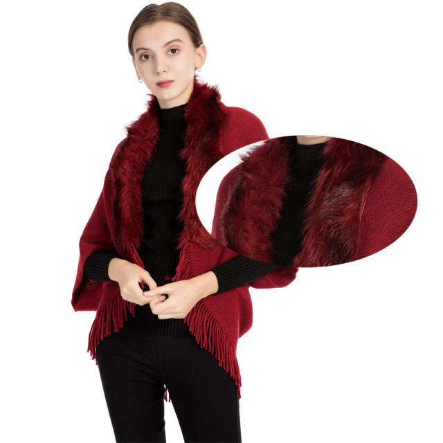 New imitation fox fur collar warm monochrome knitted shawl for women