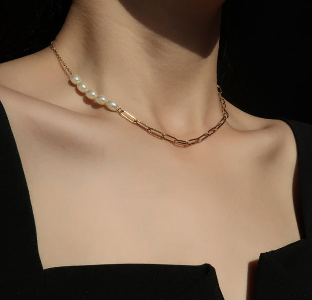 Vintage pearls stainless steel chain asymmetric necklace