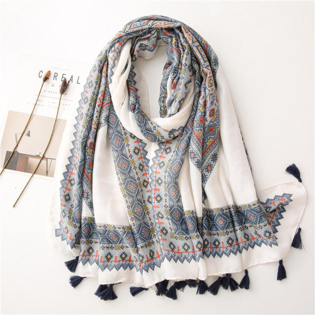 Vintage square printed cotton and linen scarf
