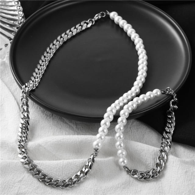 Stainless steel cuban link chain pearl choker necklace