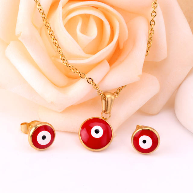 Red color evil eye stainless steel necklace set