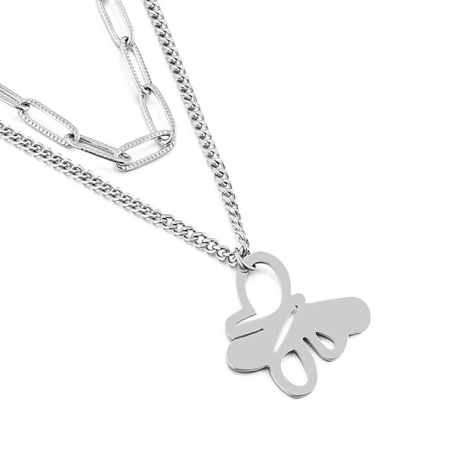 Two layer butterfly charm stainless steel necklace