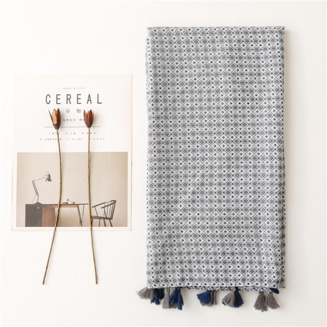 New blue color gray small square printed yarn scarf