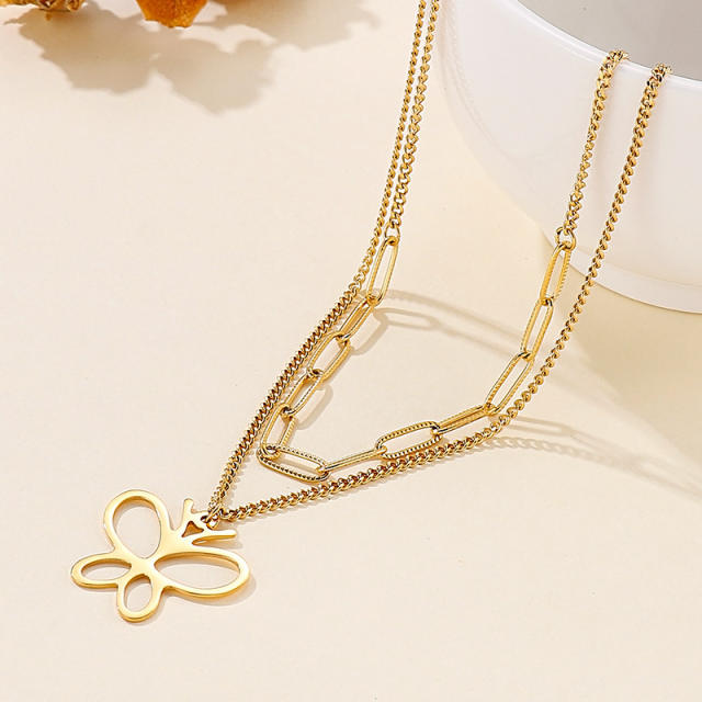 Two layer butterfly charm stainless steel necklace