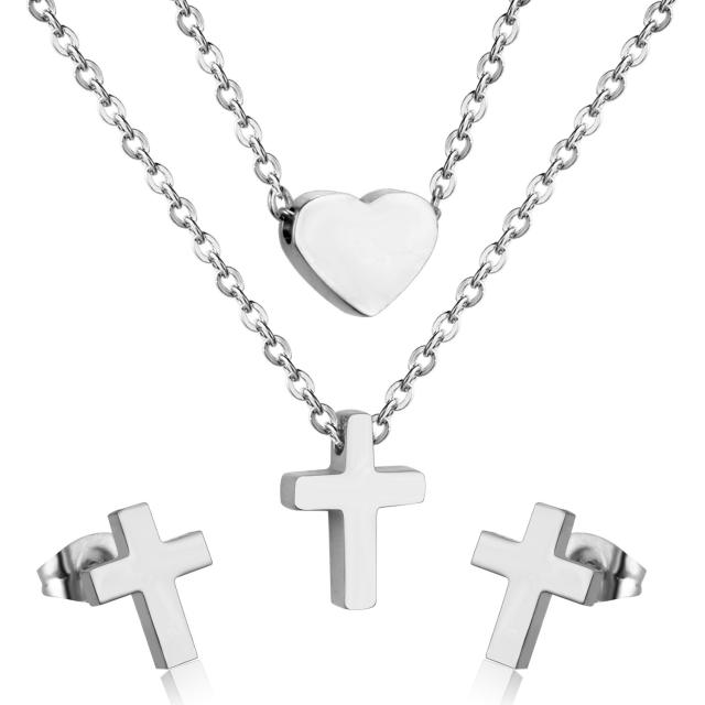 Stainless steel heart cross two layer necklace set