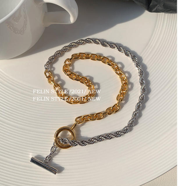Two tone stainless steel rope chain toggle necklace