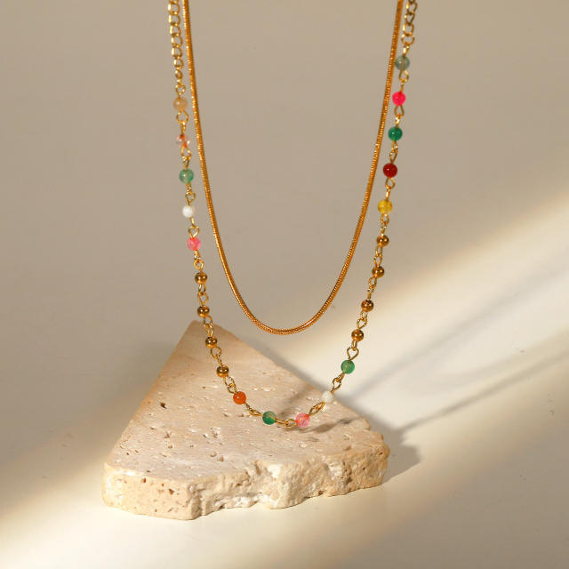 Colored stone beads two layer snake chain necklace