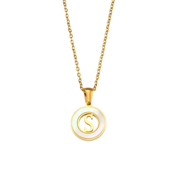 Mother shell round pendant inital letter stainless steel necklace