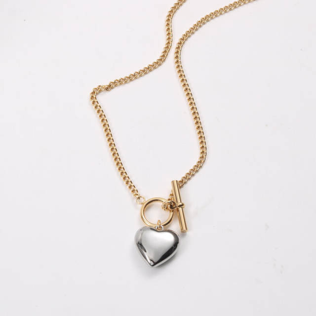 18KG stainless steel large peach heart pendant two tone necklace