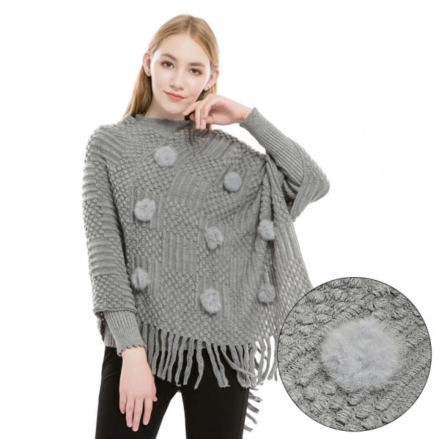 Autumn winter knitted fluffy ball warm shawl for women