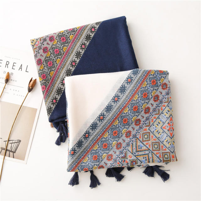 Vintage square printed cotton and linen scarf