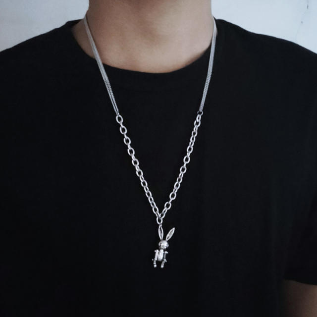 Hiphop rabbit pendant stainless steel chain necklace