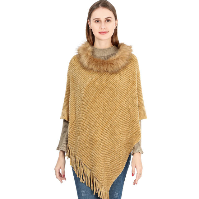 Autumn winter warm fluffy collar knitted shawl