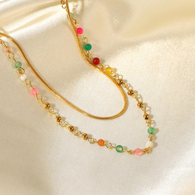 Colored stone beads two layer snake chain necklace