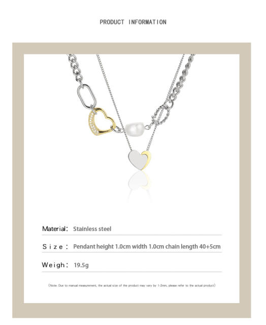 Stainless steel water pearl two layer heart necklace