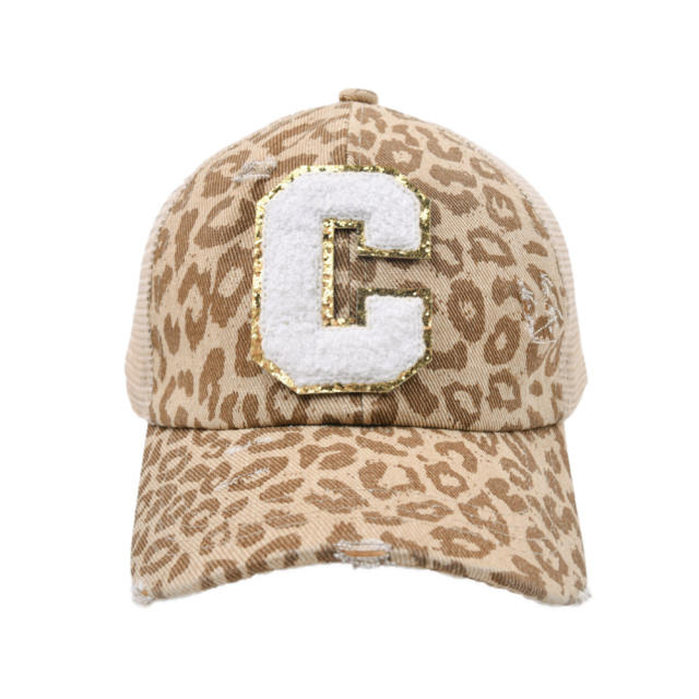 Leopard pattern initial letter ponytail baseball cap