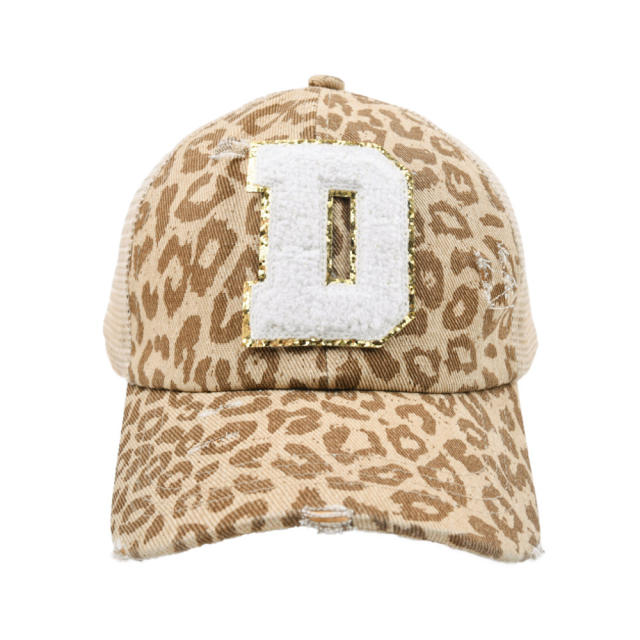 Leopard pattern initial letter ponytail baseball cap