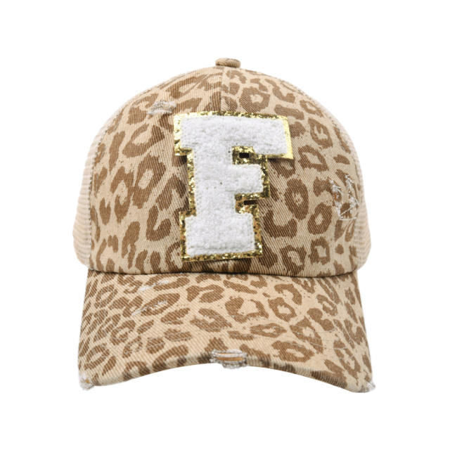 Leopard pattern initial letter ponytail baseball cap