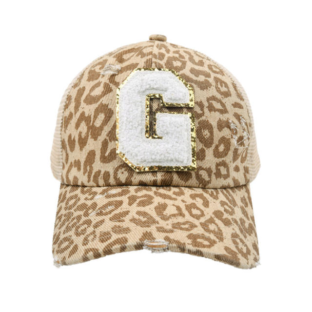 Leopard pattern initial letter ponytail baseball cap