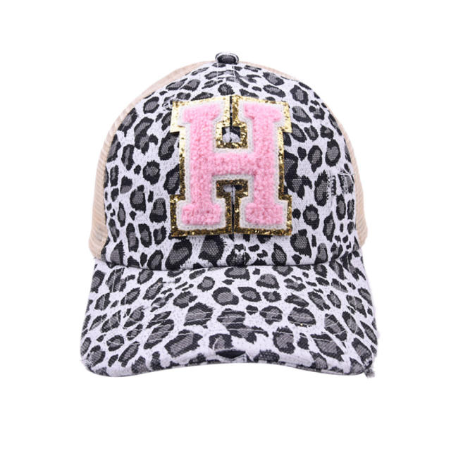 2022 summer pink color initial letter leopard baseball cap for ponytail