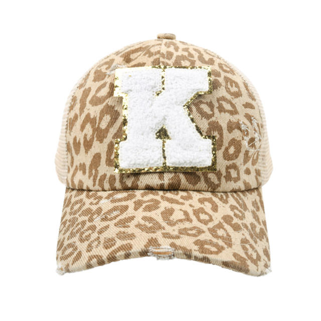 Leopard pattern initial letter ponytail baseball cap