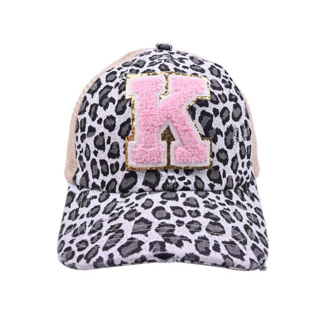 2022 summer pink color initial letter leopard baseball cap for ponytail