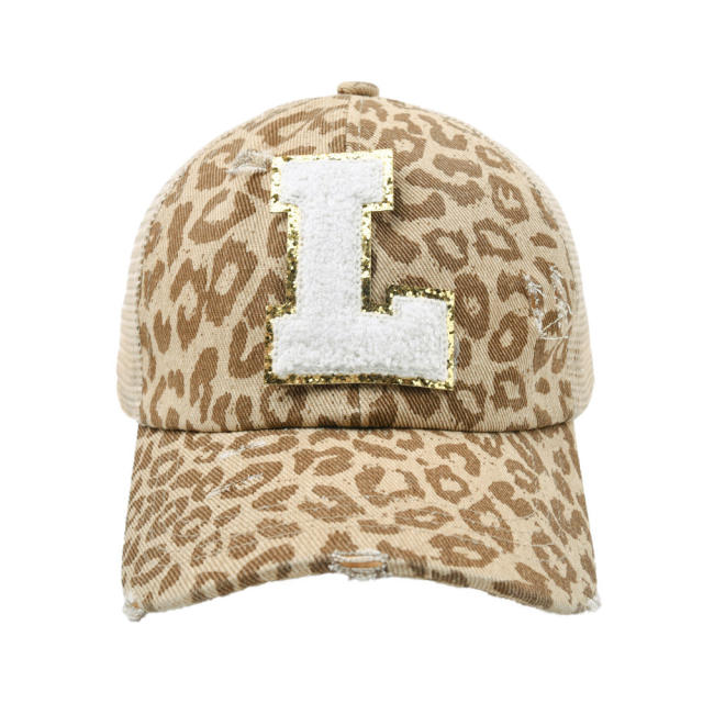 Leopard pattern initial letter ponytail baseball cap