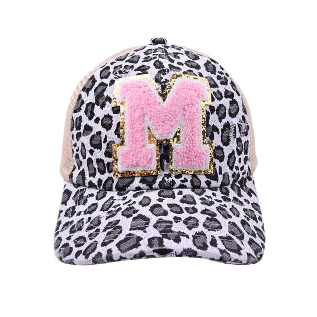 2022 summer pink color initial letter leopard baseball cap for ponytail