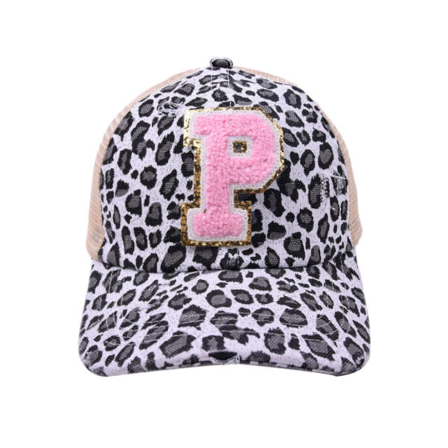 2022 summer pink color initial letter leopard baseball cap for ponytail