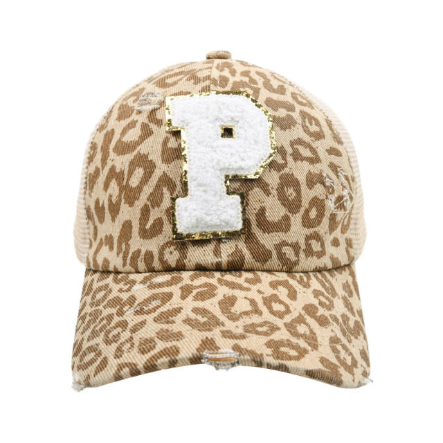 Leopard pattern initial letter ponytail baseball cap