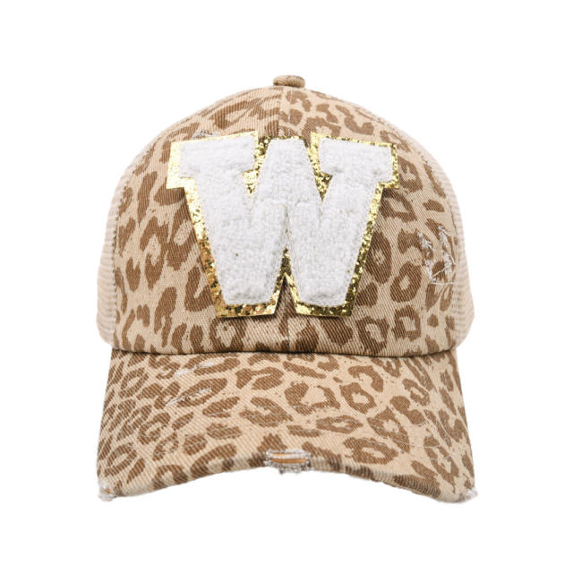 Leopard pattern initial letter ponytail baseball cap