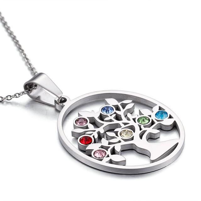 Color diamond life tree stainless steel necklace set