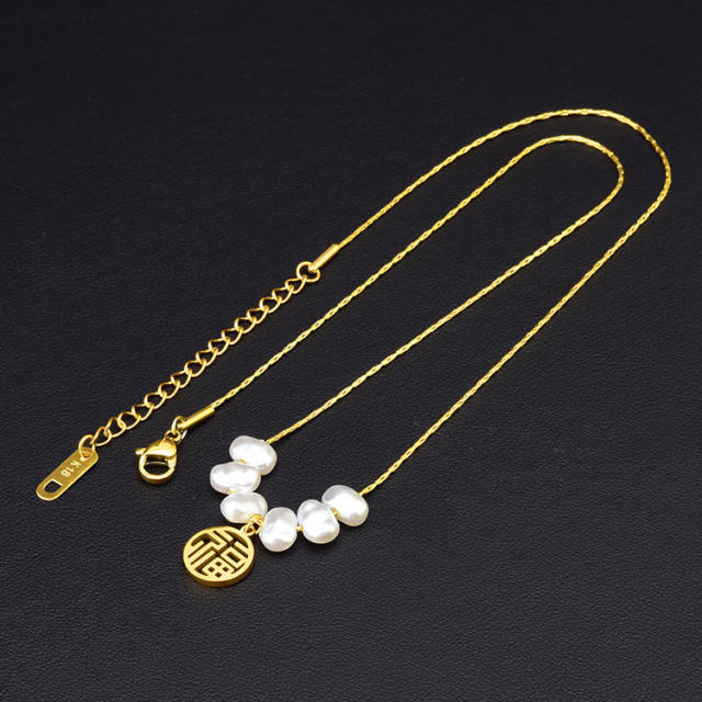 Baroque pearl chinese FU letter pendant necklace