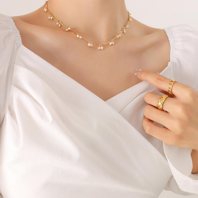 Chic water pearl beads stainless steel choker necklace