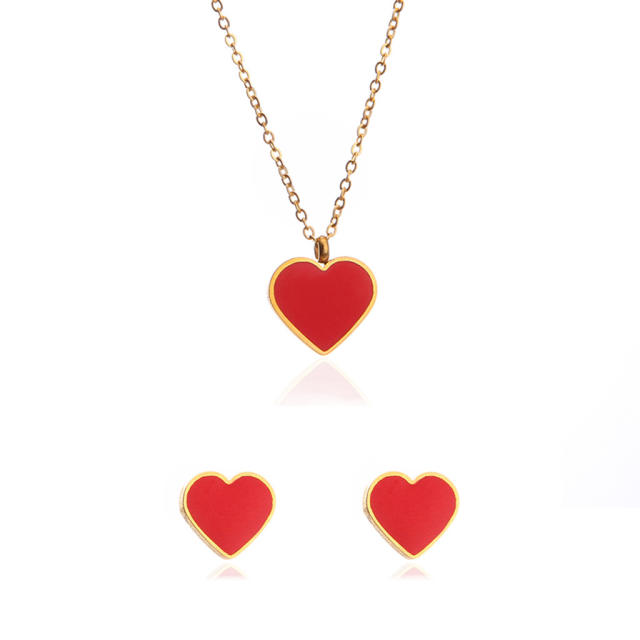 Red heart stainless steel choker necklace set
