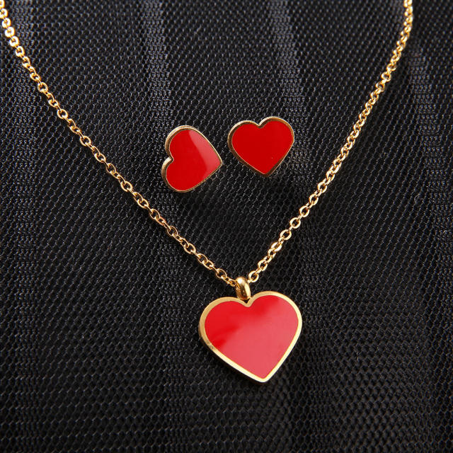 Red heart stainless steel choker necklace set