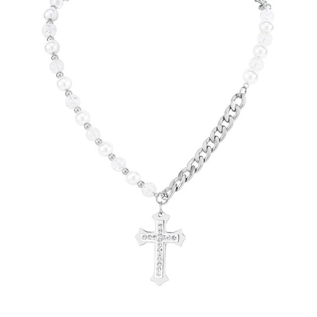 Punk cross pendant stainless steel chain pearl necklace