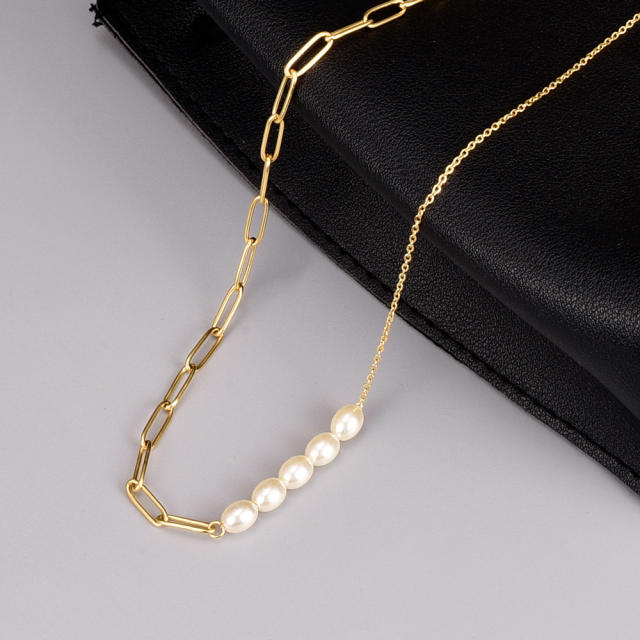 Vintage pearls stainless steel chain asymmetric necklace