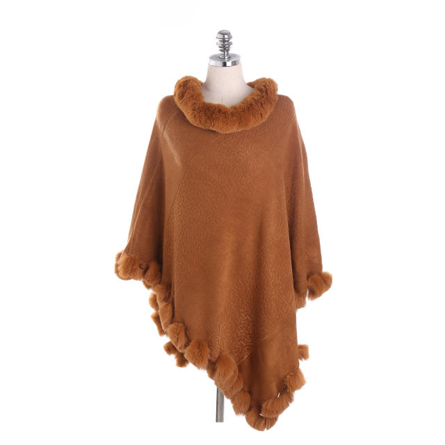 Winter design plain color fuzzy ball faux cashmere Shawl