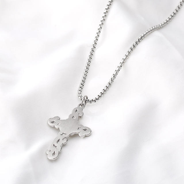Punk pearl cross pendant stainless steel necklace