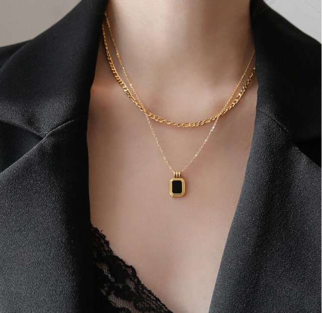 Roman black square double layer stainless steel necklace