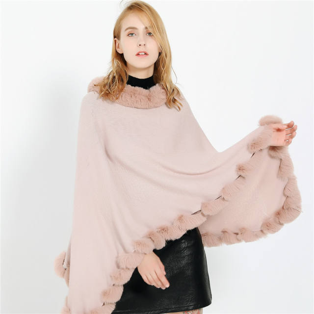 Winter design plain color fuzzy ball faux cashmere Shawl