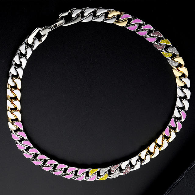 Hiphop rhinestone setting colored stainless steel cuban necklace for men