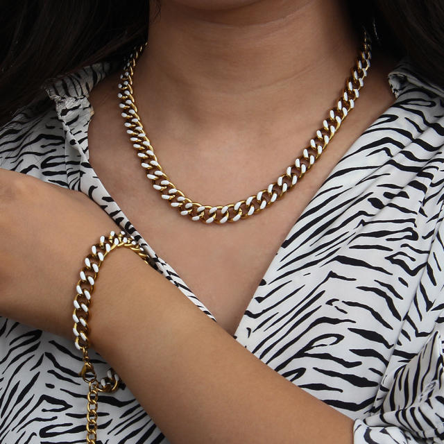 Vintage stainless steel enamel cuban link chain necklace